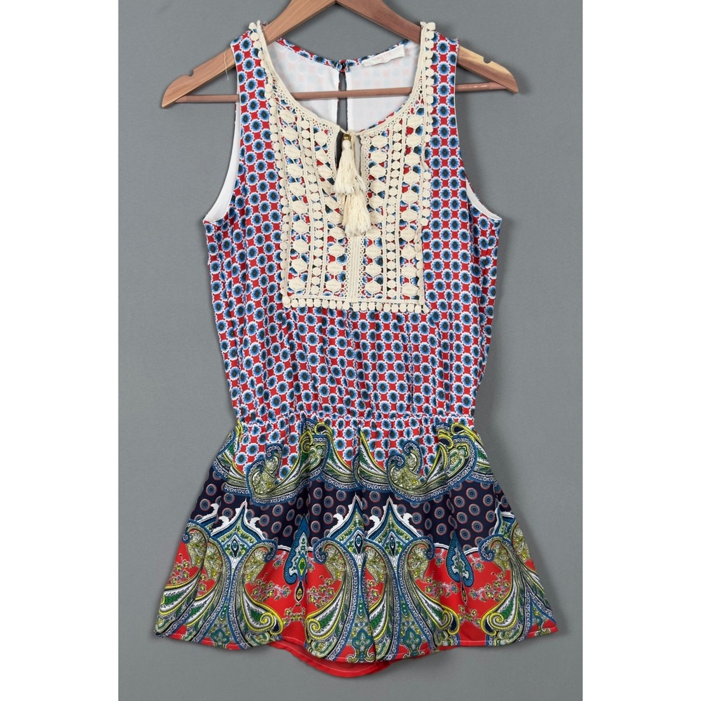 Peach Love California Paisley Geometric Crochet Lace Tassel Romper Red Blue XL